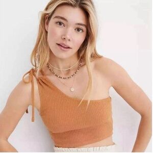 NWOT Women's Aerie Rebel Tie Cropped Ribbed Tank Top Size Large in Windsor Tan